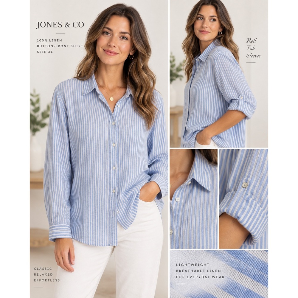 Jones & Co Linen Button Up Shirt XL Blue White Striped Roll Tab Relaxed Beach